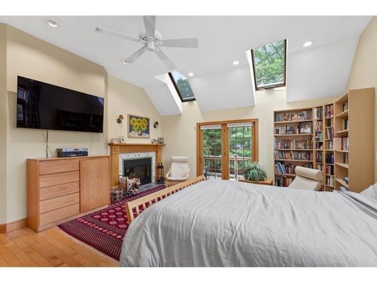 Bedroom, Fireplace, Interior, Recessed Lighting, Wood Texture Flooring