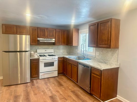 Interior, Kitchen, Recessed Lighting, Stainless Steel Appliances, Wood Texture Flooring