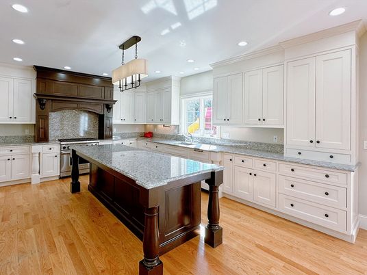 Chandelier, Interior, Kitchen, Pendant Lights, Recessed Lighting, Stainless Steel Appliances, Wood Texture Flooring