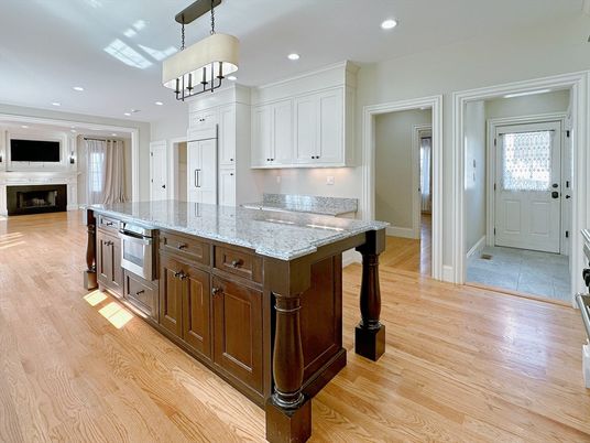 Chandelier, Fireplace, Interior, Kitchen, Recessed Lighting, Wood Texture Flooring