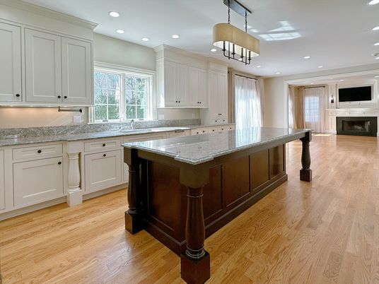 Chandelier, Fireplace, Interior, Kitchen, Recessed Lighting, Wood Texture Flooring