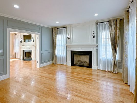 Empty room, Fireplace, Interior, Recessed Lighting, Wood Texture Flooring