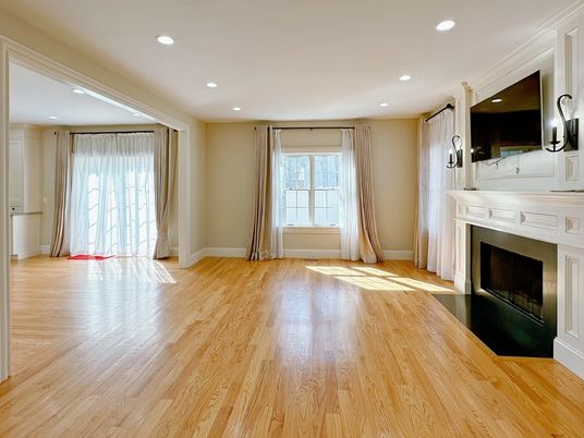 Empty room, Fireplace, Interior, Recessed Lighting, Wood Texture Flooring