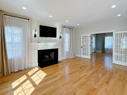 Empty room, Fireplace, Interior, Recessed Lighting, Wood Texture Flooring