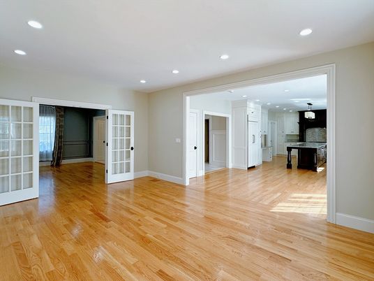 Empty room, Interior, Kitchen, Pendant Lights, Recessed Lighting, Wood Texture Flooring