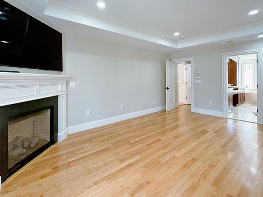 Empty room, Fireplace, Interior, Recessed Lighting, Wood Texture Flooring