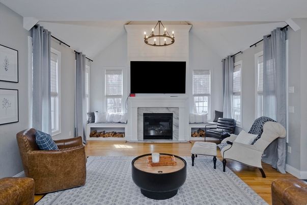 Chandelier, Fireplace, Interior, Living room, Wood Texture Flooring
