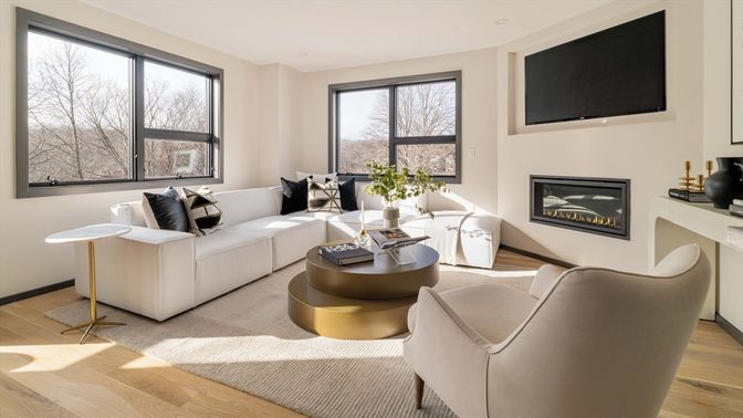 Fireplace, Interior, Living room, Recessed Lighting, Wood Texture Flooring