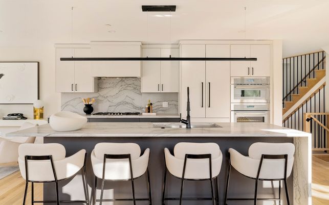 Interior, Kitchen, Marble Walls, Pendant Lights, Recessed Lighting, Stainless Steel Appliances, Wood Texture Flooring