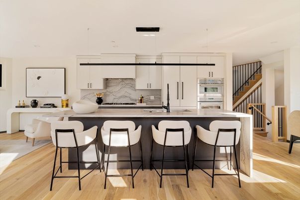 Interior, Kitchen, Marble Walls, Pendant Lights, Stainless Steel Appliances, Wood Texture Flooring