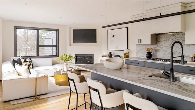 Fireplace, Interior, Kitchen, Living room, Marble Walls, Pendant Lights, Recessed Lighting, Wood Texture Flooring