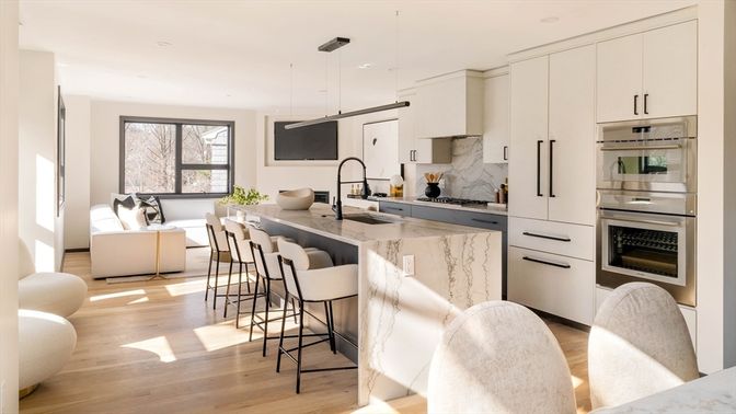 Interior, Kitchen, Marble Walls, Pendant Lights, Recessed Lighting, Stainless Steel Appliances, Wood Texture Flooring