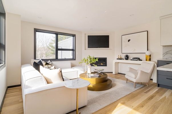 Fireplace, Interior, Living room, Recessed Lighting, Wood Texture Flooring