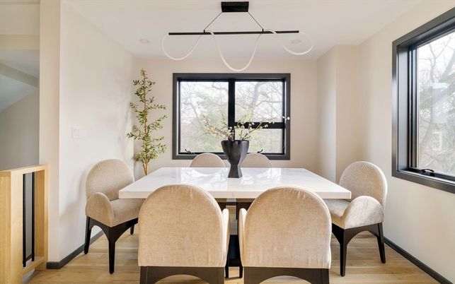 Dining room, Interior, Pendant Lights, Wood Texture Flooring
