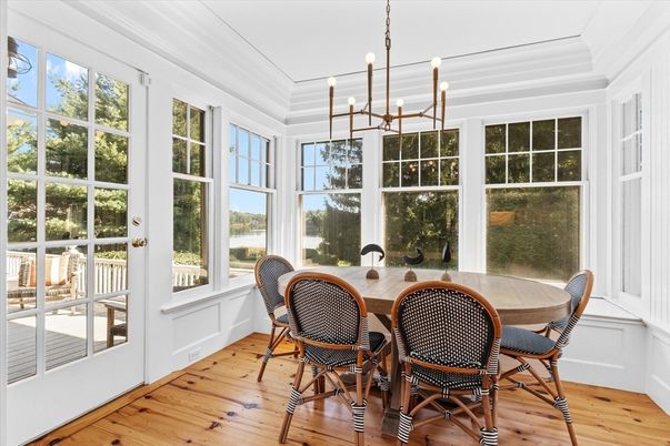Dining room, Interior, Pendant Lights, Wood Texture Flooring