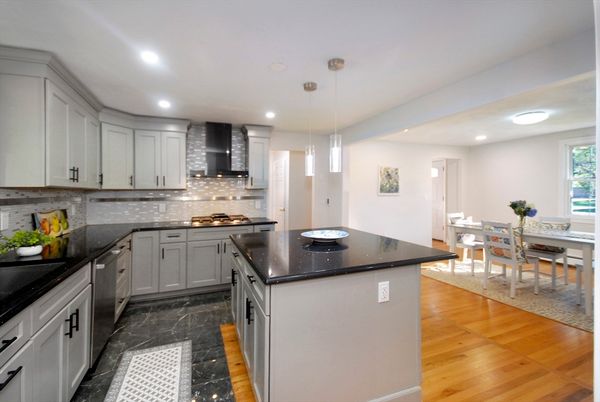Dining room, Interior, Kitchen, Marble, Pendant Lights, Recessed Lighting, Stainless Steel Appliances, Wood Texture Flooring