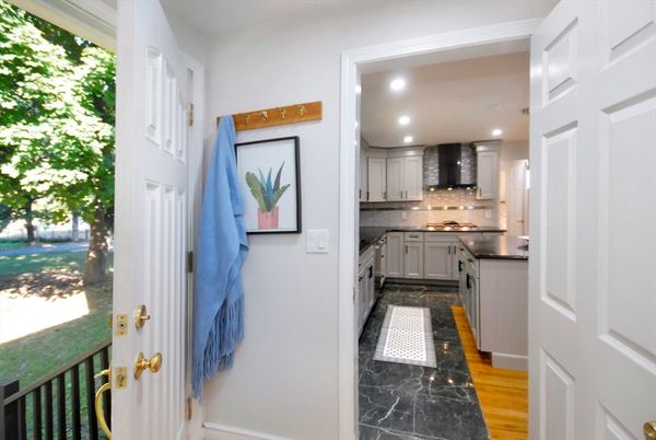 Interior, Kitchen, Marble, Recessed Lighting, Stainless Steel Appliances, Wood Texture Flooring