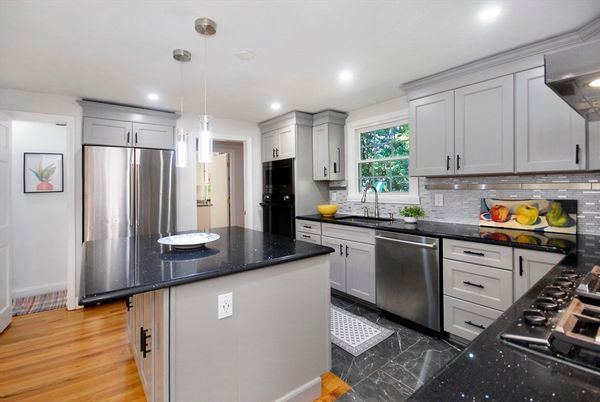 Interior, Kitchen, Marble, Pendant Lights, Recessed Lighting, Stainless Steel Appliances, Wood Texture Flooring