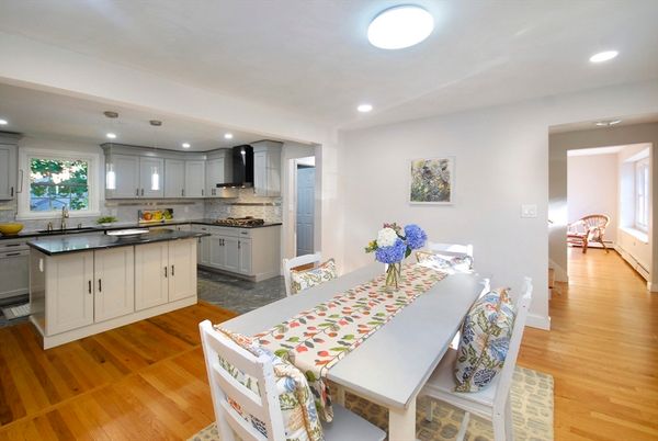 Dining room, Interior, Kitchen, Recessed Lighting, Wood Texture Flooring