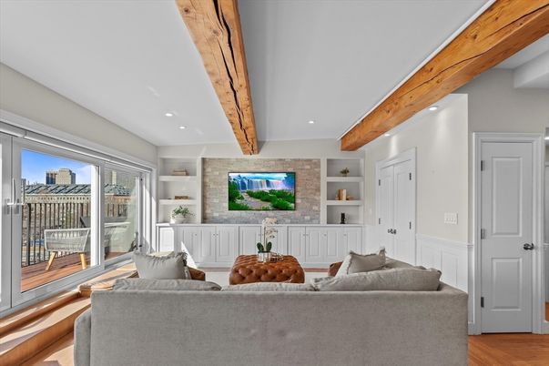 Interior, Living room, Recessed Lighting, Stone Walls, Wooden Beams, Wood Texture Flooring