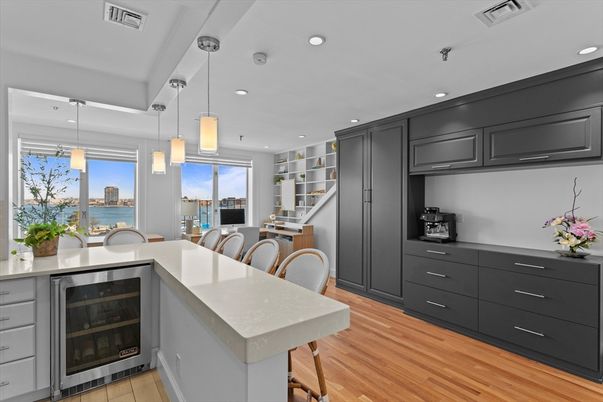 Interior, Kitchen, Pendant Lights, Recessed Lighting, Water, Wood Texture Flooring