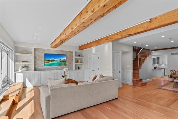 Interior, Living room, Recessed Lighting, Stone Walls, Wooden Beams, Wood Texture Flooring