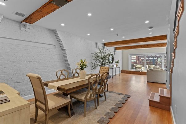 Dining room, Interior, Recessed Lighting, Stone Walls, Wooden Beams, Wood Texture Flooring