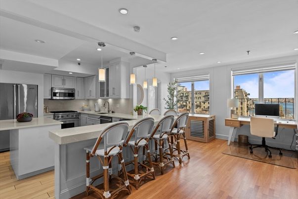Interior, Kitchen, Pendant Lights, Recessed Lighting, Stainless Steel Appliances, Wood Texture Flooring