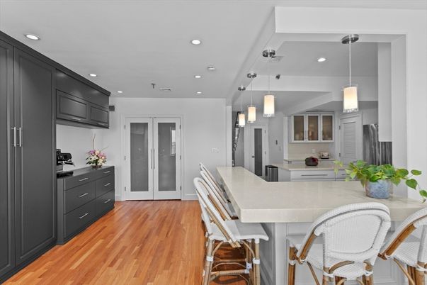 Dining room, Interior, Kitchen, Pendant Lights, Recessed Lighting, Wood Texture Flooring