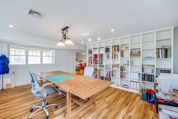 Home Office, Interior, Pendant Lights, Recessed Lighting, Wood Texture Flooring