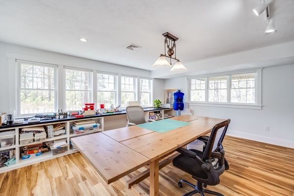 Home Office, Interior, Pendant Lights, Recessed Lighting, Wood Texture Flooring