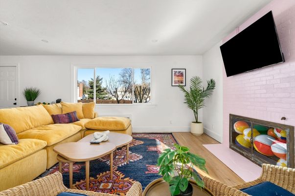 Fireplace, Interior, Living room, Recessed Lighting, Stone Walls, Wood Texture Flooring