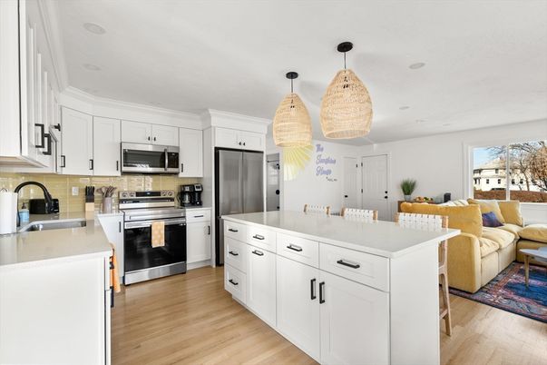 Interior, Kitchen, Pendant Lights, Recessed Lighting, Stainless Steel Appliances, Wood Texture Flooring