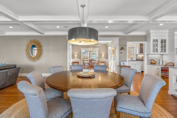 Dining room, Interior, Pendant Lights, Recessed Lighting, Wood Texture Flooring