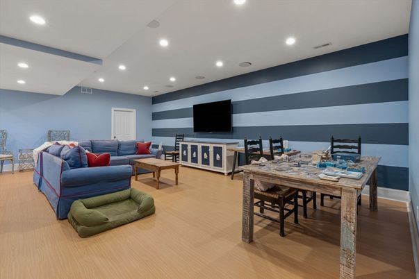Dining room, Interior, Living room, Recessed Lighting, Wood Texture Flooring