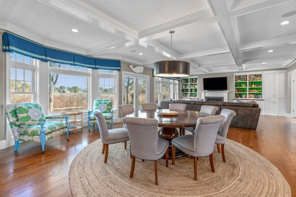 Dining room, Fireplace, Interior, Living room, Pendant Lights, Recessed Lighting, Wood Texture Flooring