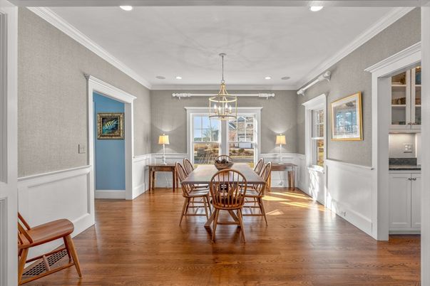 Dining room, Interior, Pendant Lights, Recessed Lighting, Wood Texture Flooring