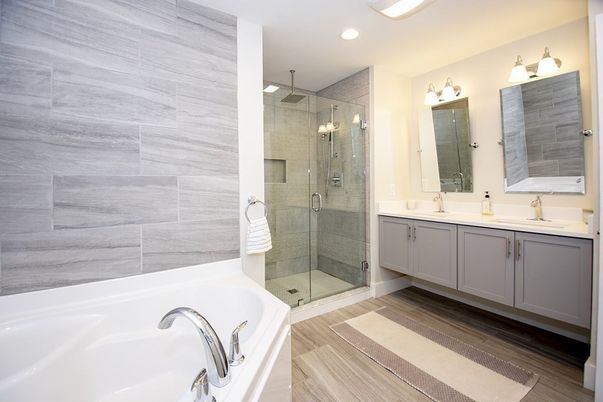 Bathroom, Dual Sink Vanities, Glass Shower, Interior, Recessed Lighting, Wood Texture Flooring