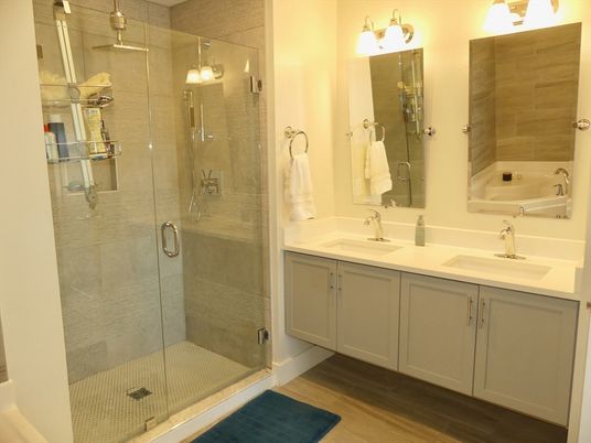 Bathroom, Dual Sink Vanities, Glass Shower, Interior, Wood Texture Flooring