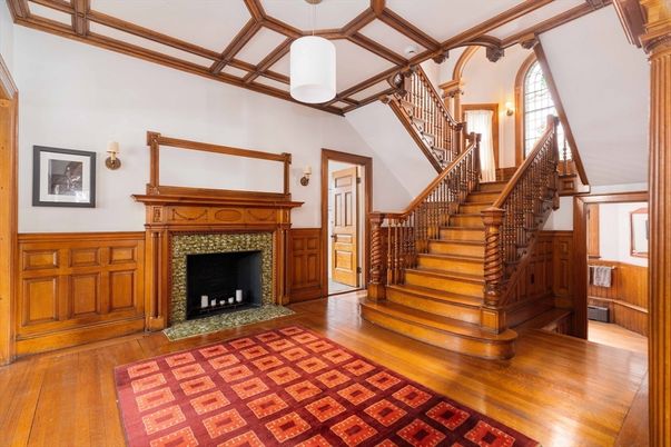 Fireplace, Interior, Pendant Lights, Wood Texture Flooring