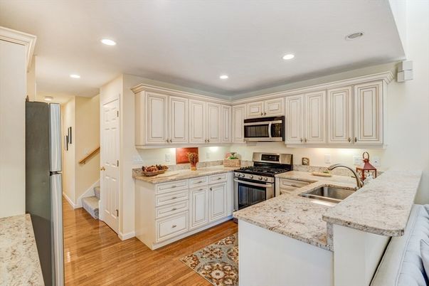 Interior, Kitchen, Recessed Lighting, Stainless Steel Appliances, Wood Texture Flooring