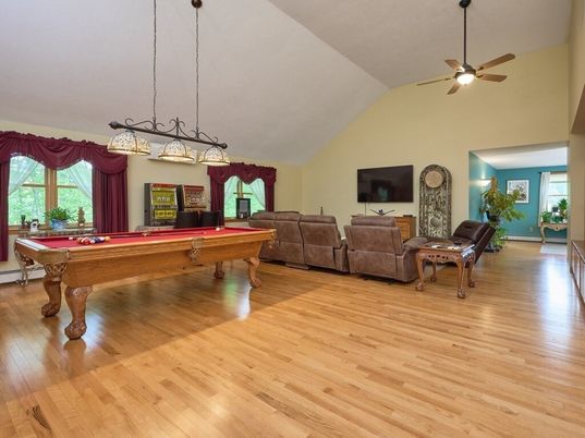 Billiard Table, Chandelier, Game Room, Interior, Pendant Lights, Wood Texture Flooring