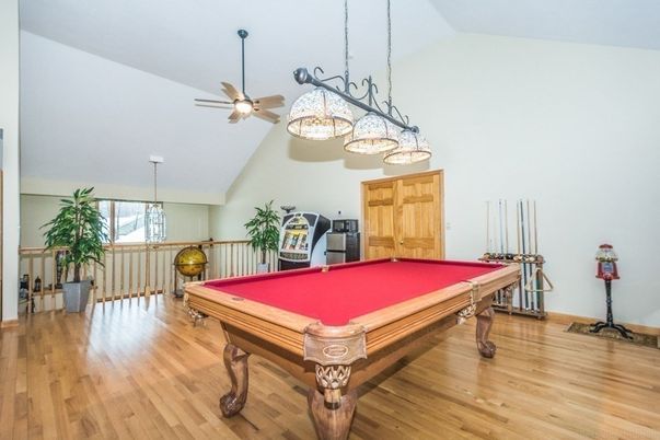 Billiard Table, Chandelier, Game Room, Interior, Pendant Lights, Wood Texture Flooring