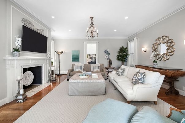 Chandelier, Fireplace, Interior, Living room, Recessed Lighting, Wood Texture Flooring