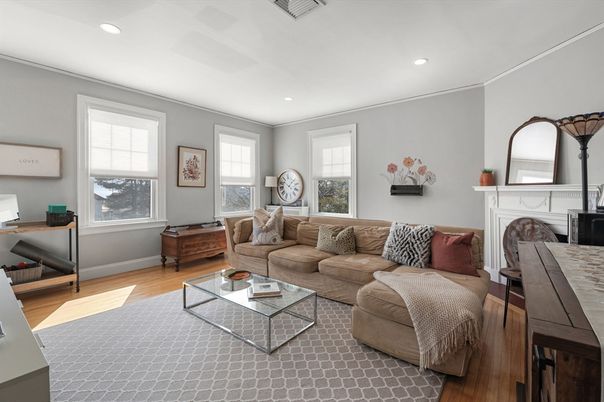 Fireplace, Interior, Living room, Recessed Lighting, Wood Texture Flooring