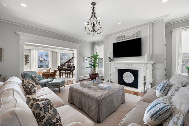 Chandelier, Fireplace, Interior, Living room, Piano, Recessed Lighting, Wood Texture Flooring