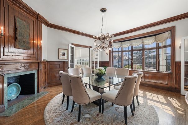 Dining room, Fireplace, Interior, Pendant Lights, Wood Texture Flooring, Wooden Walls