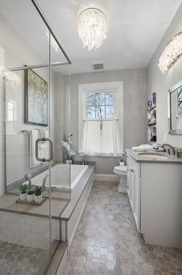 Bathroom, Chandelier, Dual Sink Vanities, Glass Shower, Interior