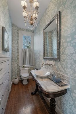 Bathroom, Chandelier, Dual Sink Vanities, Interior, Wood Texture Flooring