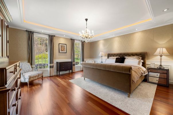 Bedroom, Chandelier, Interior, Recessed Lighting, Wood Texture Flooring